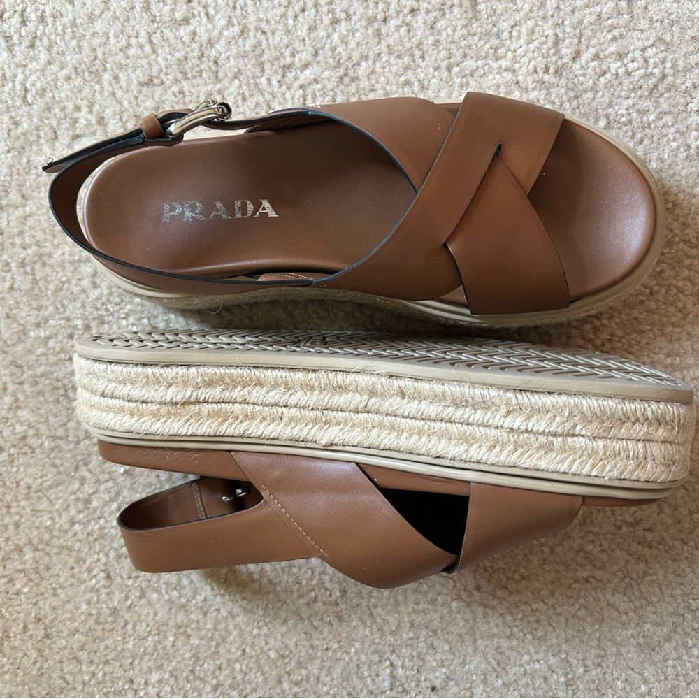 Prada Tan Leather Crisscross Platform Slingback Sandals - Picture 3 of 7
